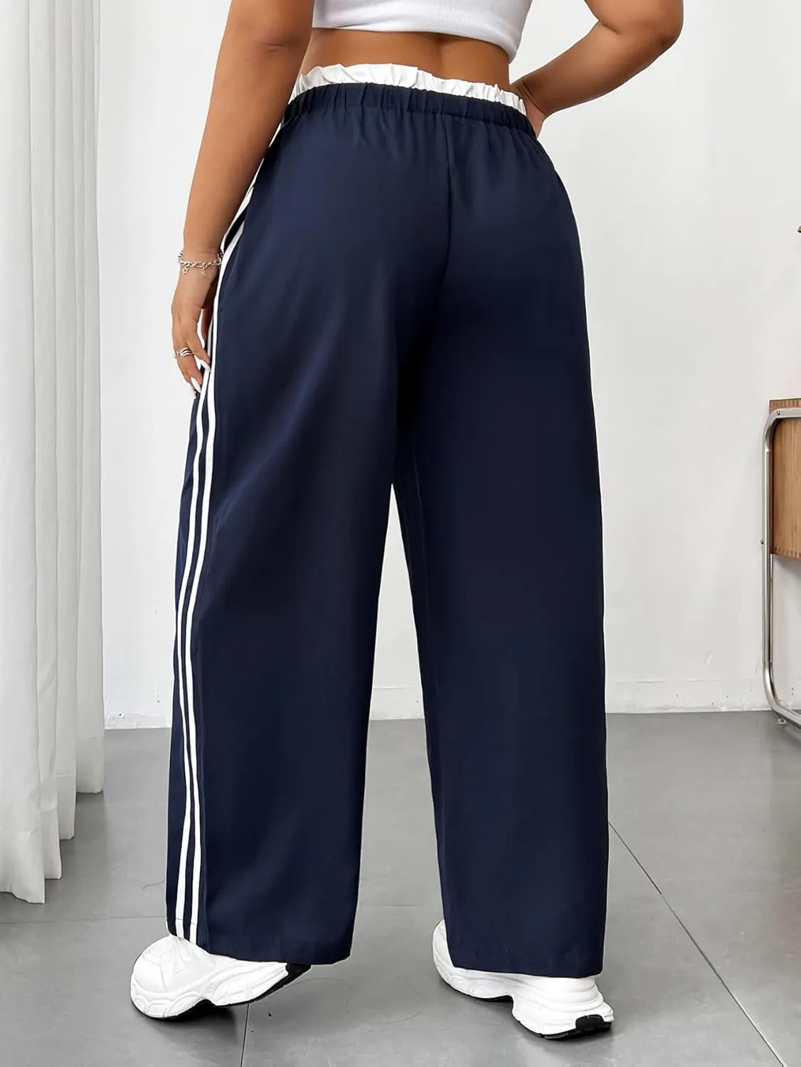 Floerns Women's Plus Size Drawstring High Waisted Side Stripe Straight Wide Leg Pants