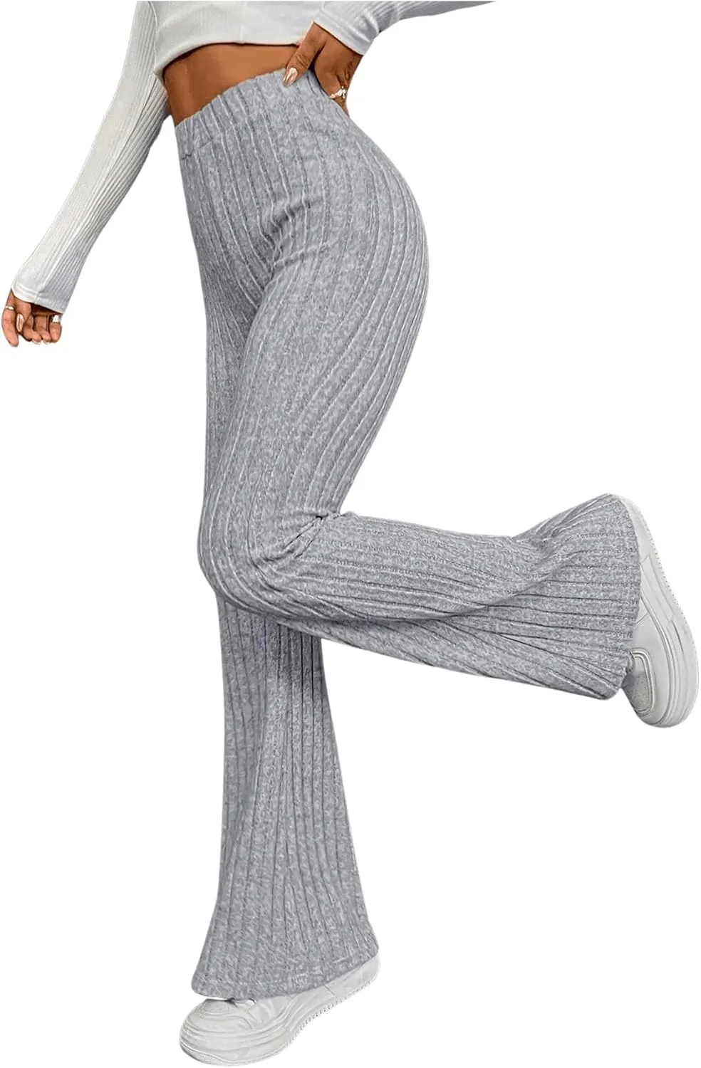 Floerns Women's Solid High Waist Flare Leg Pants Rib Knit Bell Bottom Trousers