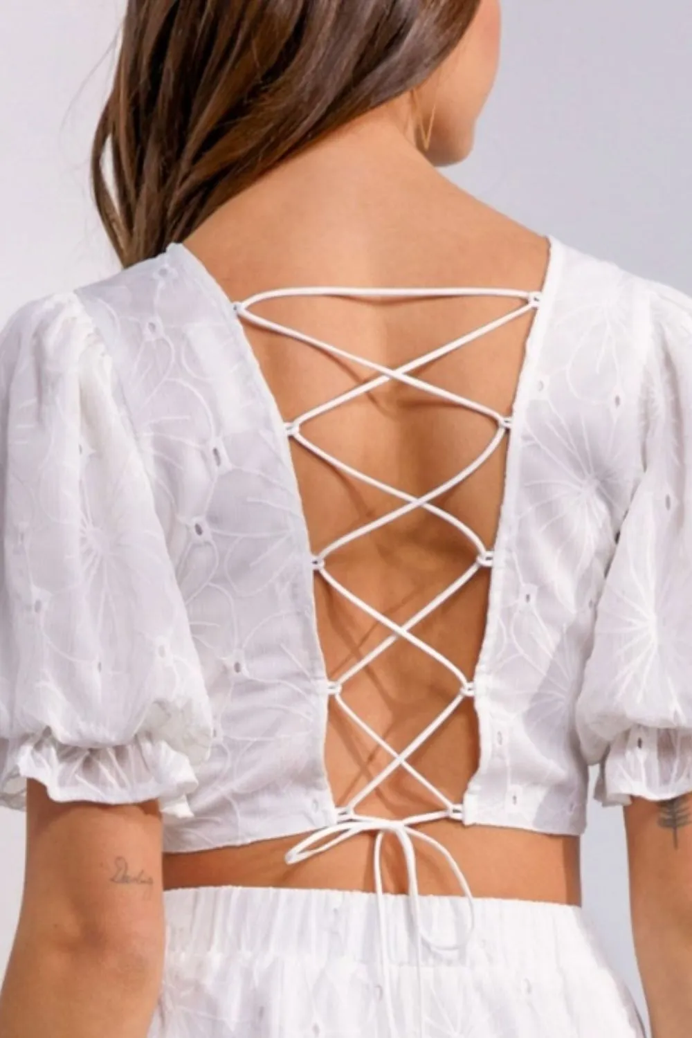 Floral Embroidered Back Lace Up Crop Top & Skirts Two-piece Set