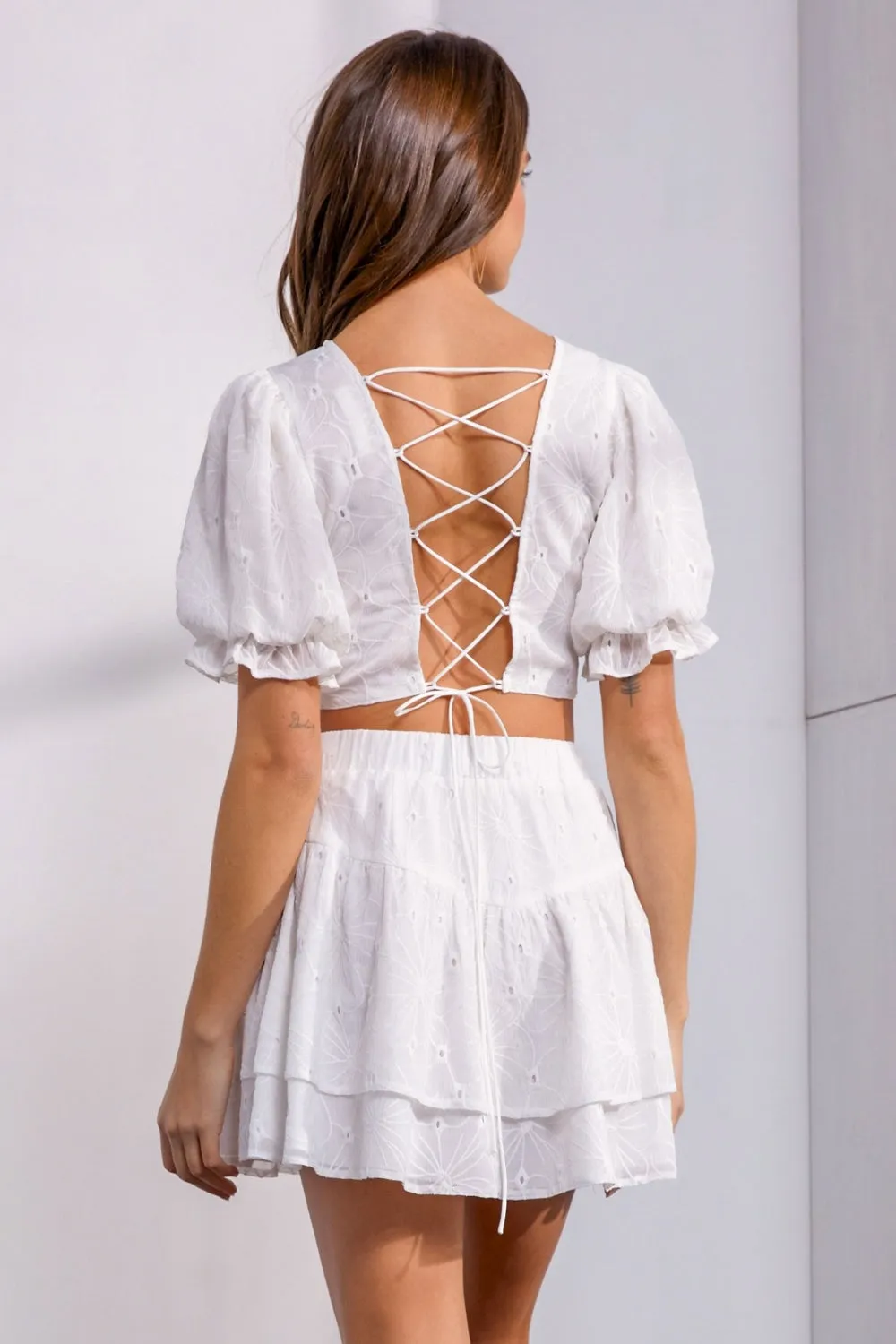 Floral Embroidered Back Lace Up Crop Top & Skirts Two-piece Set