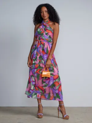 Floral Sleeveless CrissCross Wrap Neck Halter Maxi Dress