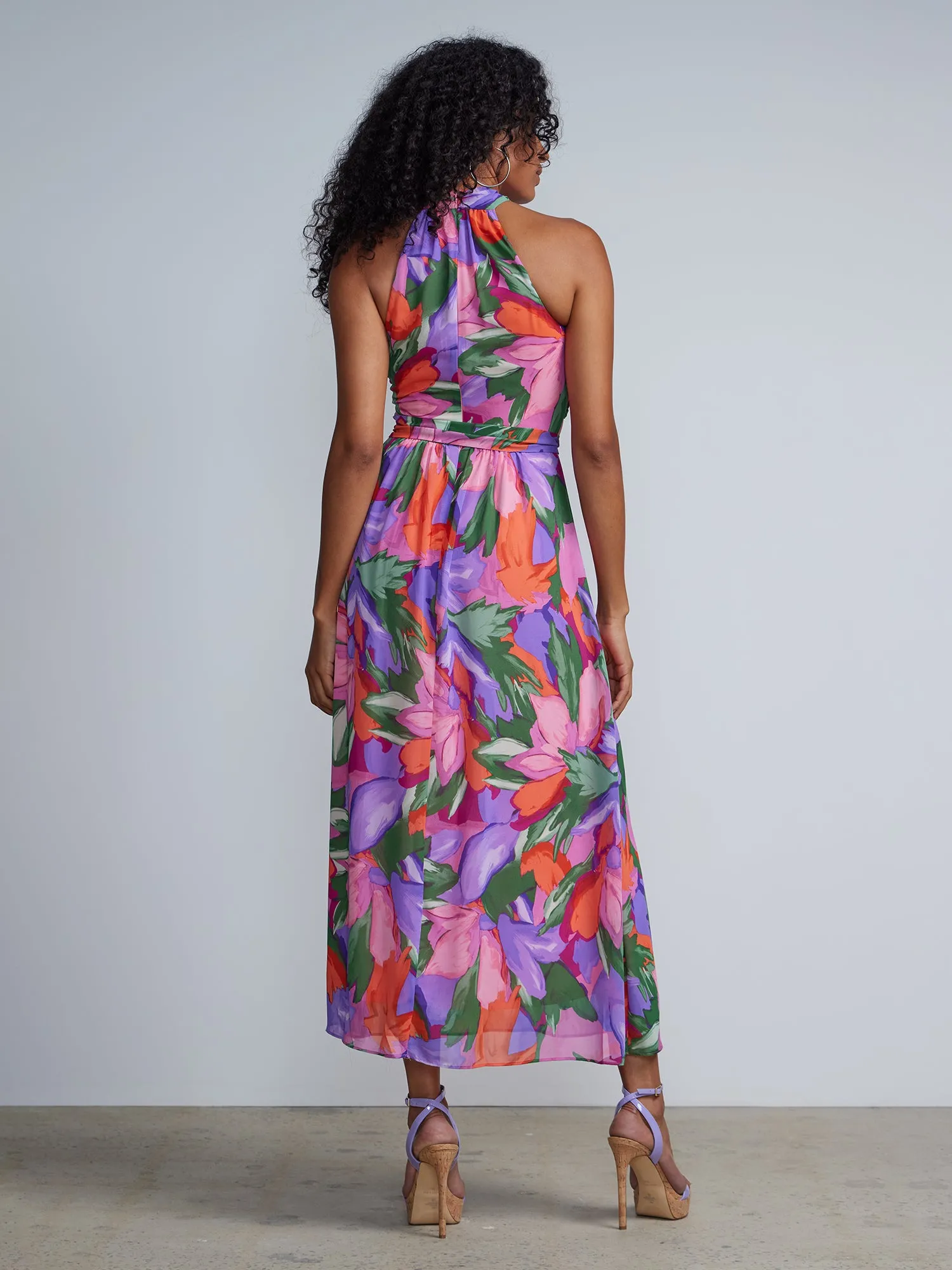 Floral Sleeveless CrissCross Wrap Neck Halter Maxi Dress