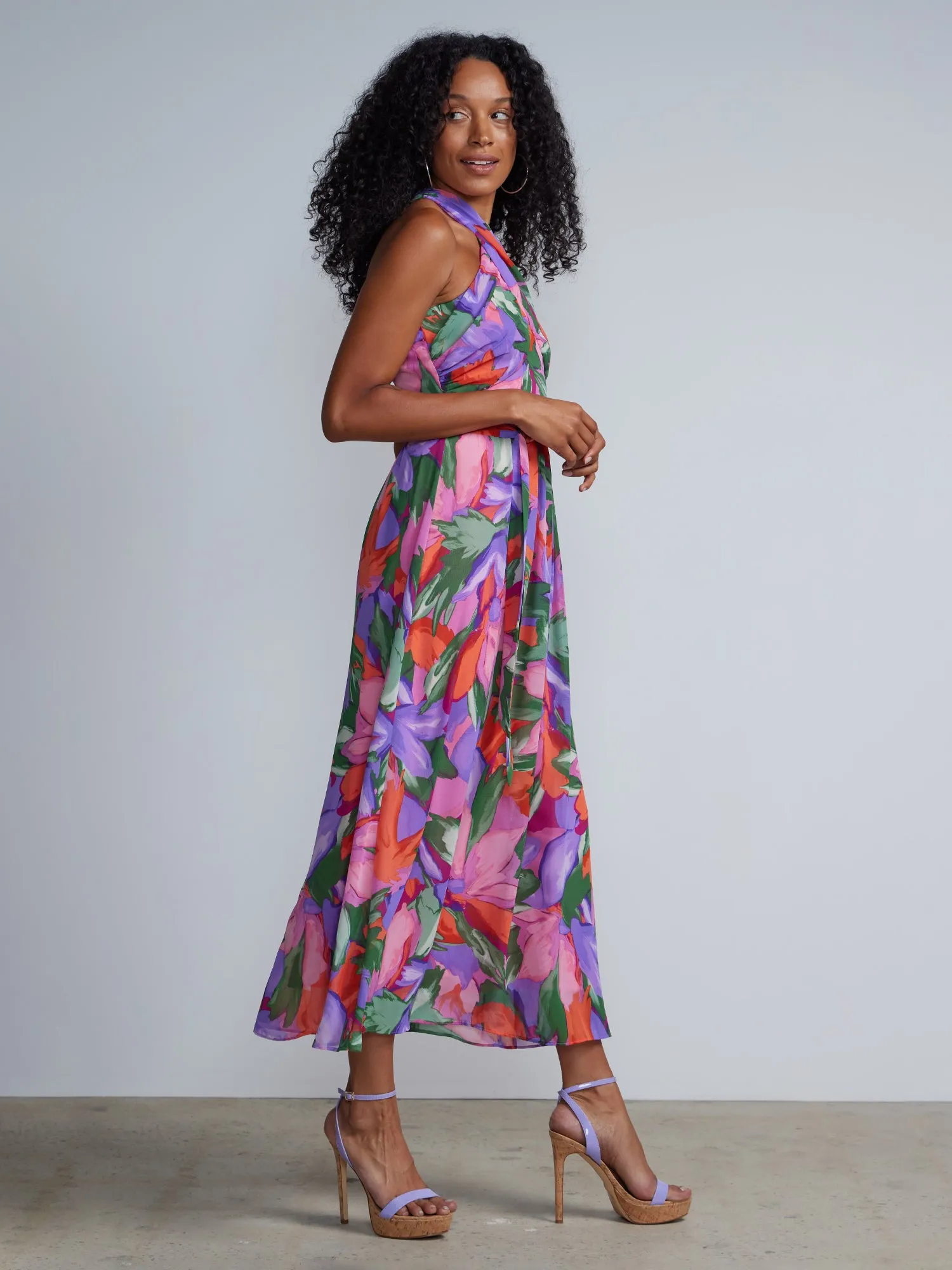 Floral Sleeveless CrissCross Wrap Neck Halter Maxi Dress