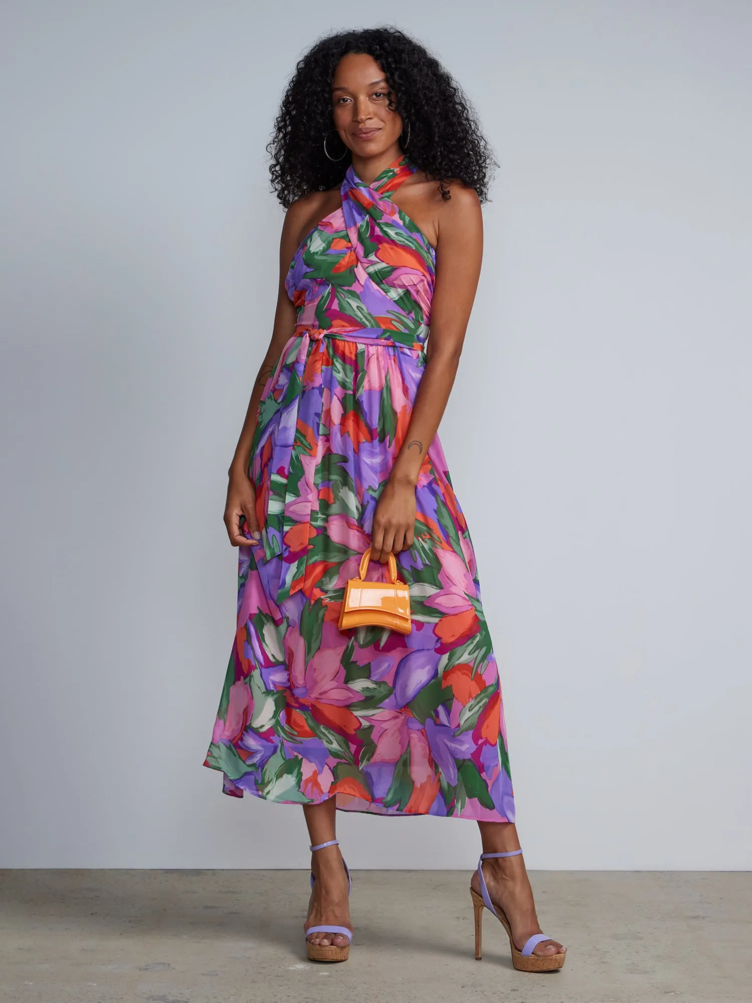 Floral Sleeveless CrissCross Wrap Neck Halter Maxi Dress
