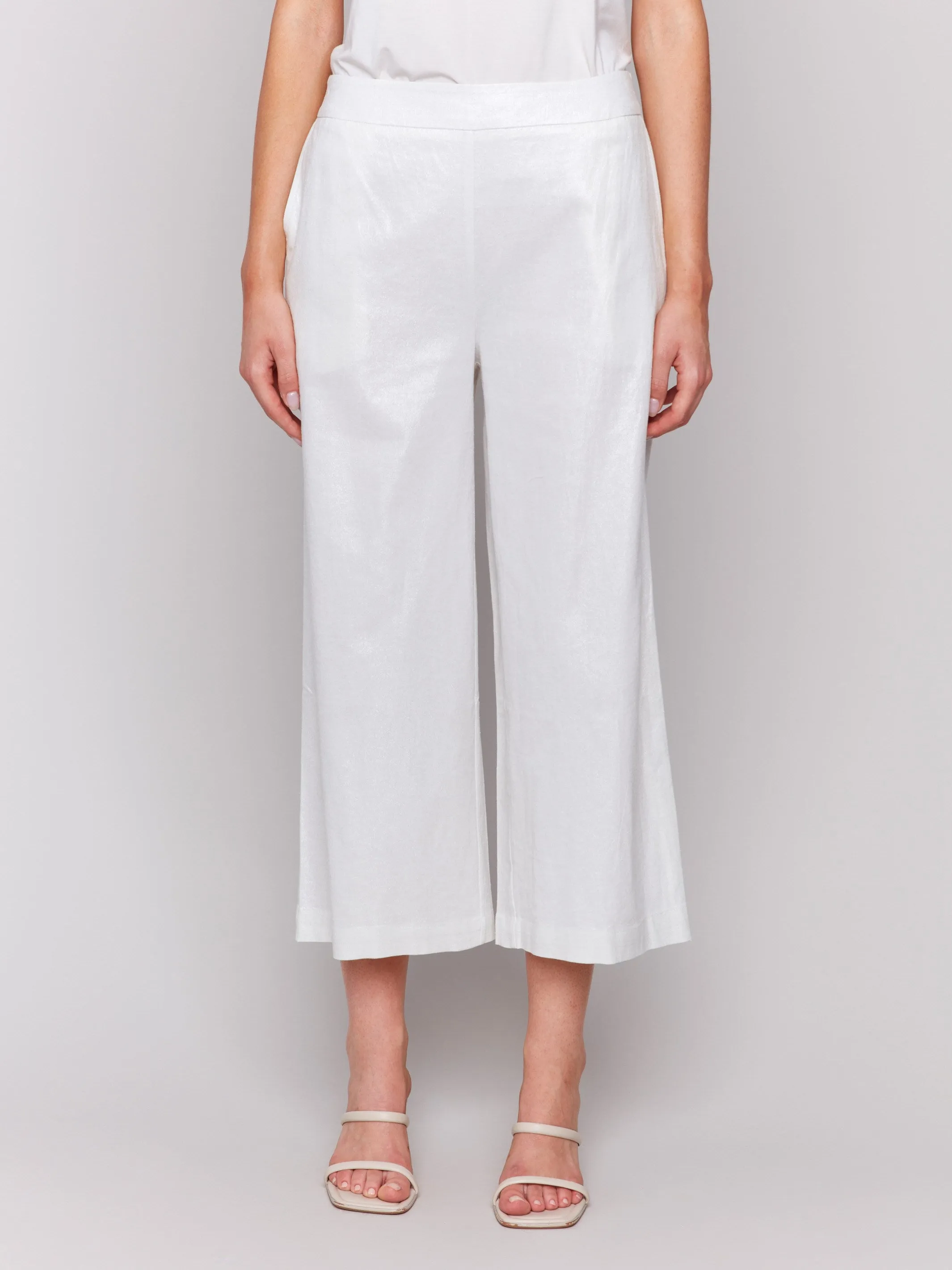 Foil Linen Blend Cropped Pull-On Pants - Champagne