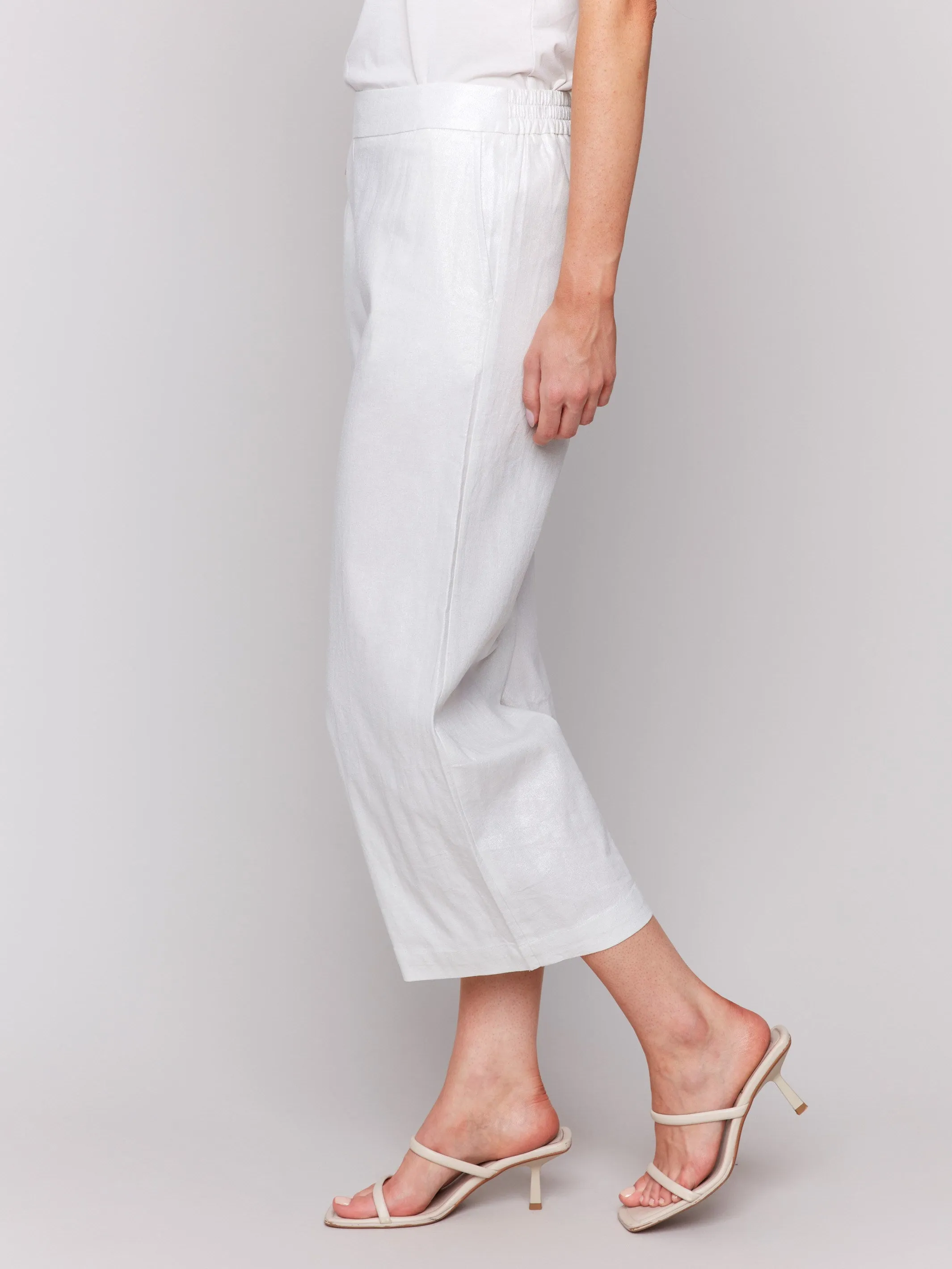 Foil Linen Blend Cropped Pull-On Pants - Champagne