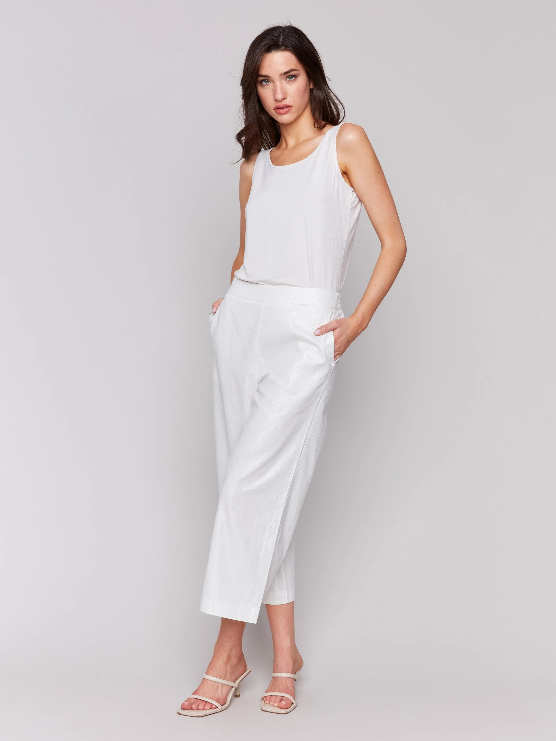 Foil Linen Blend Cropped Pull-On Pants - Champagne
