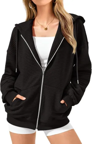 Full Zipper Hoodies for Women Baggy Drawstring Oversized Sweatshirt Trendy Preppy Lightweight Zip Up Jackets w/Pocket