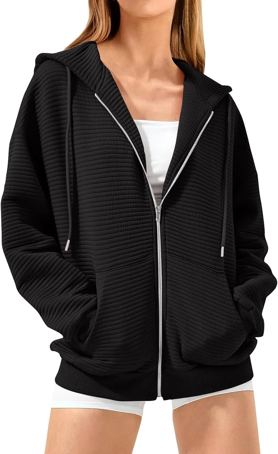 Full Zipper Hoodies for Women Baggy Drawstring Oversized Sweatshirt Trendy Preppy Lightweight Zip Up Jackets w/Pocket