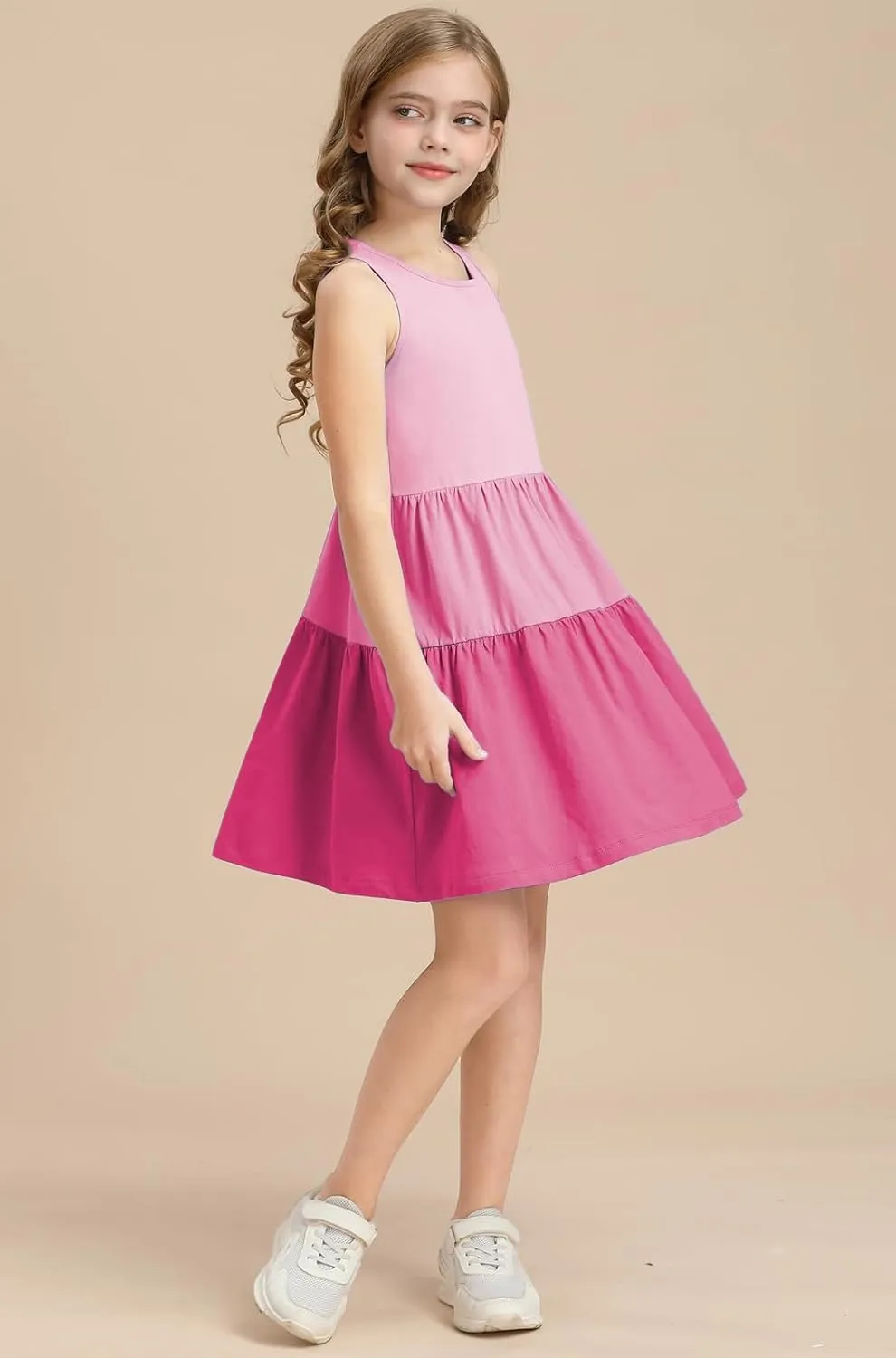 Girls Summer Midi Dress Sleeveless Back Detailed Tiered Sundress Vacation Beach 5-10 Years
