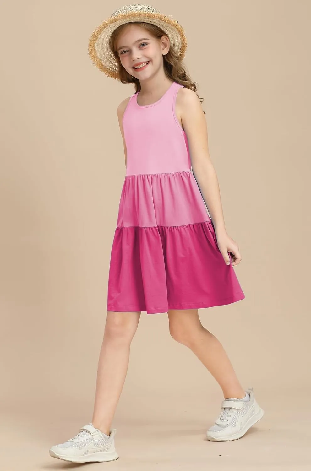 Girls Summer Midi Dress Sleeveless Back Detailed Tiered Sundress Vacation Beach 5-10 Years