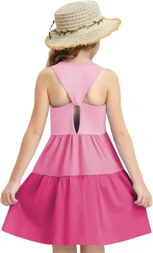 Girls Summer Midi Dress Sleeveless Back Detailed Tiered Sundress Vacation Beach 5-10 Years