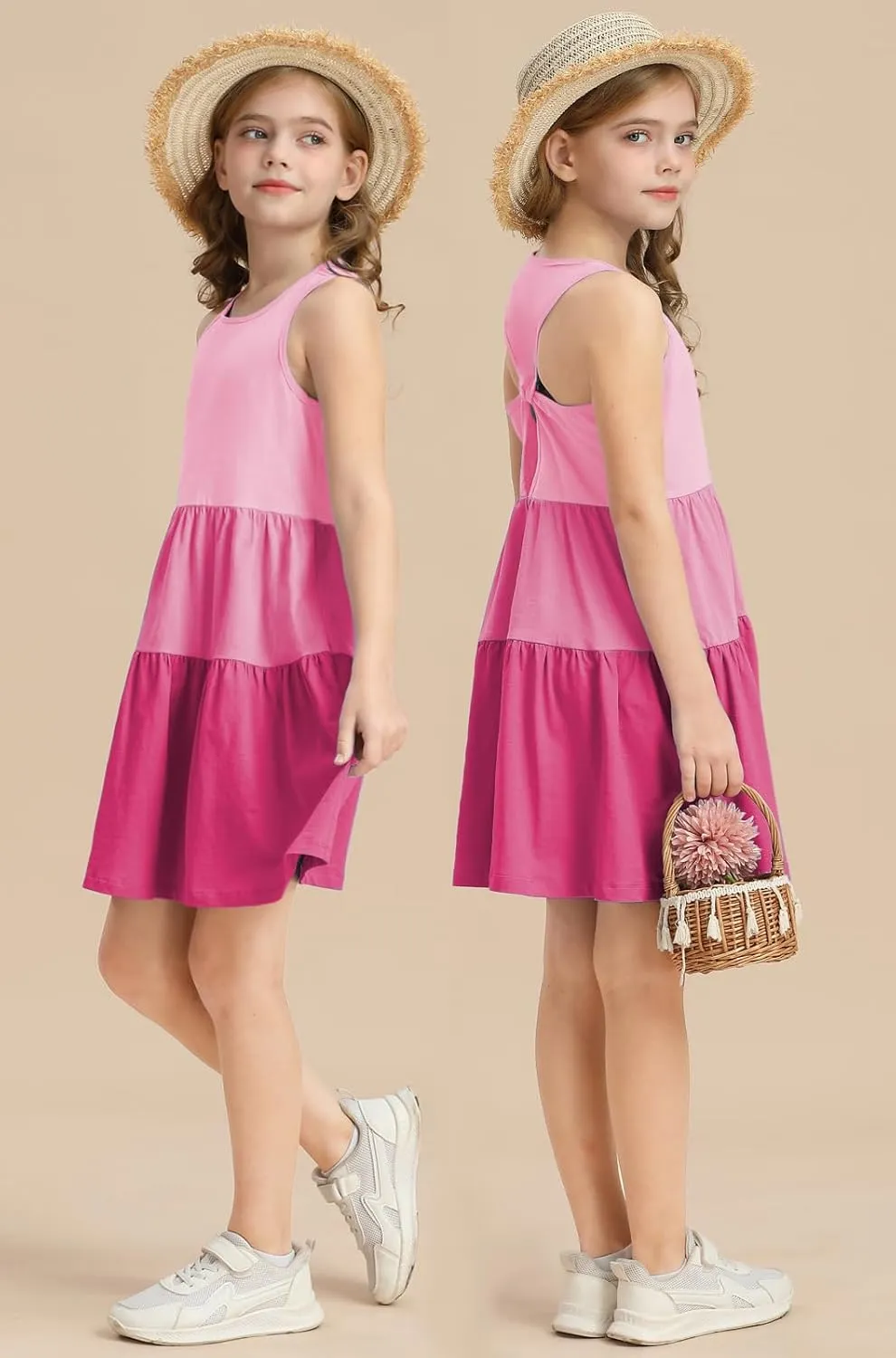 Girls Summer Midi Dress Sleeveless Back Detailed Tiered Sundress Vacation Beach 5-10 Years
