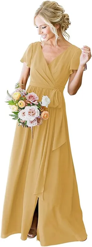 Gold Short Sleeve Bridesmaid Dresses Plus Size for Women with Pockets Long Chiffon Formal Dresses Evening Gown 22W