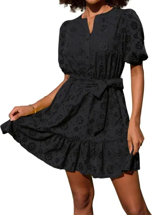 GRACE KARIN Womens Eyelet Vacation Dress Summer Casual A-line Mini Sundress Puff Sleeve Tie V Neck Ruffle Short Beach Dress