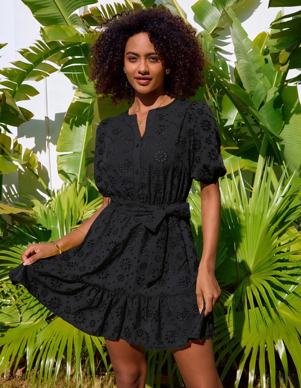 GRACE KARIN Womens Eyelet Vacation Dress Summer Casual A-line Mini Sundress Puff Sleeve Tie V Neck Ruffle Short Beach Dress