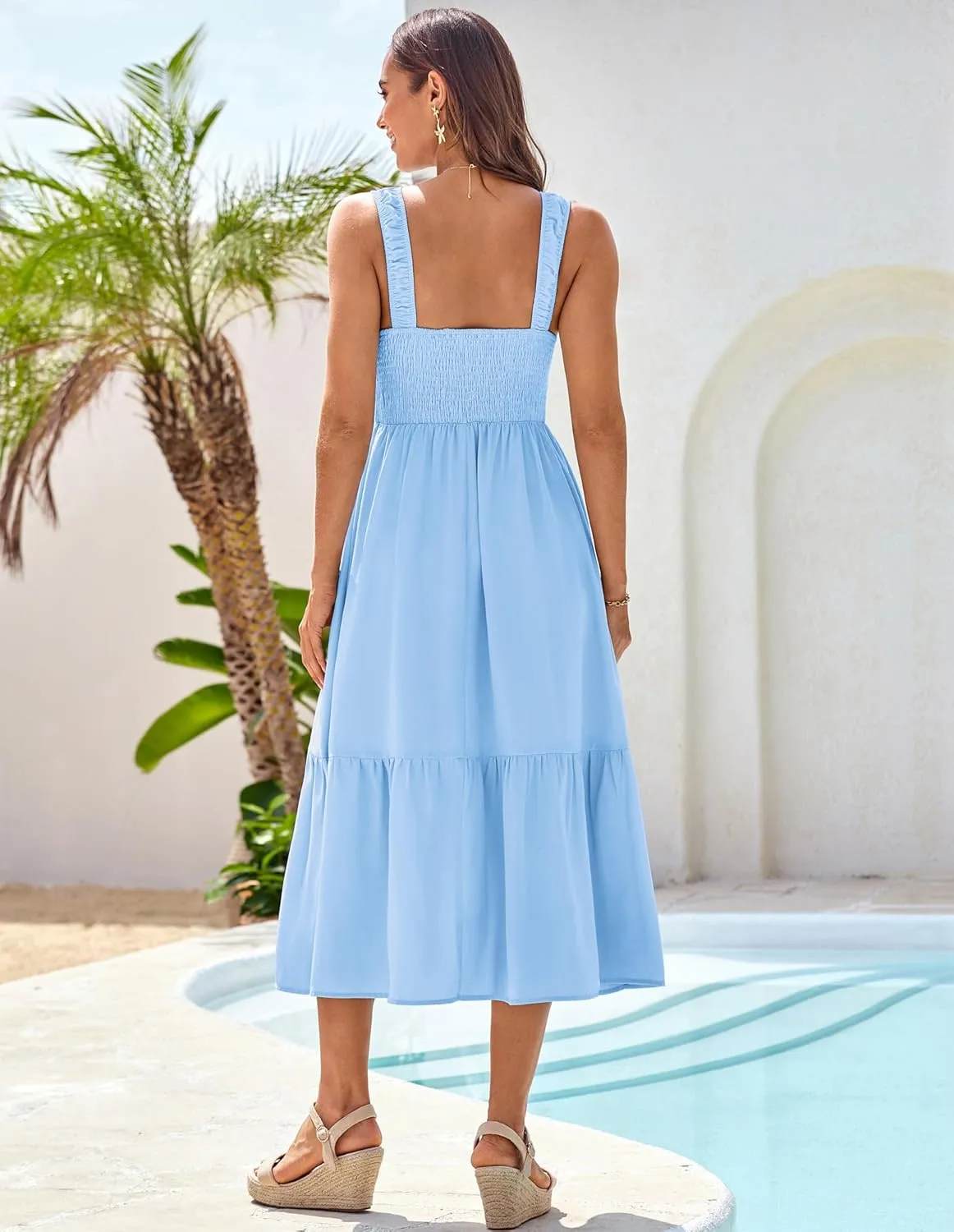 GRACE KARIN Womens Summer 2025 Midi Dress Spaghetti Strap Smocked Button Casual A Line Long Beach Flowy Sun Dresses Pockets