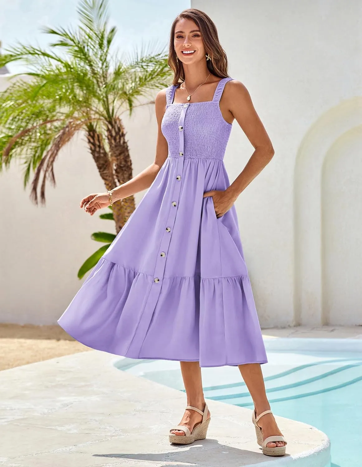 GRACE KARIN Womens Summer 2025 Midi Dress Spaghetti Strap Smocked Button Casual A Line Long Beach Flowy Sun Dresses Pockets