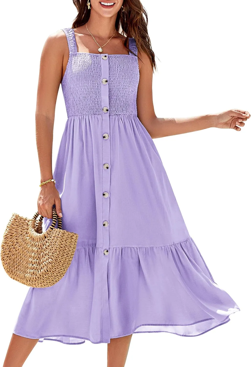 GRACE KARIN Womens Summer 2025 Midi Dress Spaghetti Strap Smocked Button Casual A Line Long Beach Flowy Sun Dresses Pockets