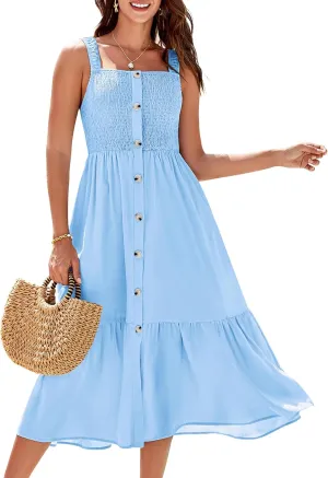 GRACE KARIN Womens Summer 2025 Midi Dress Spaghetti Strap Smocked Button Casual A Line Long Beach Flowy Sun Dresses Pockets
