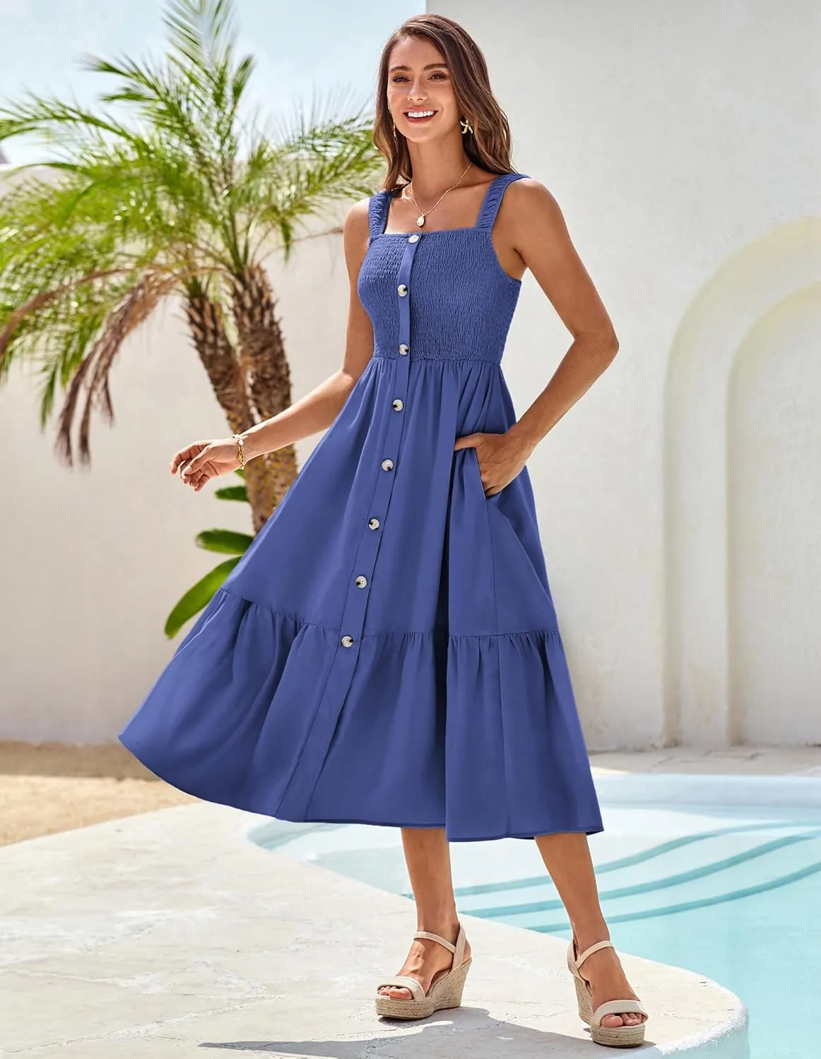 GRACE KARIN Womens Summer 2025 Midi Dress Spaghetti Strap Smocked Button Casual A Line Long Beach Flowy Sun Dresses Pockets