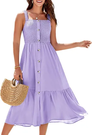 GRACE KARIN Womens Summer 2025 Midi Dress Spaghetti Strap Smocked Button Casual A Line Long Beach Flowy Sun Dresses Pockets