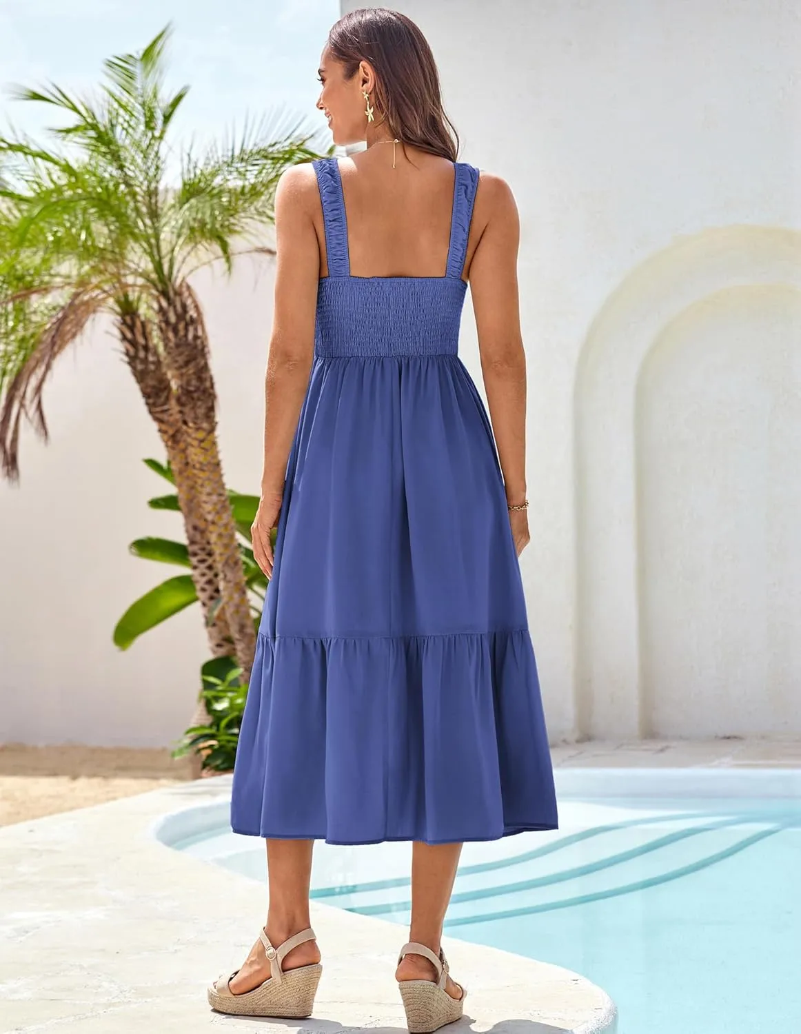 GRACE KARIN Womens Summer 2025 Midi Dress Spaghetti Strap Smocked Button Casual A Line Long Beach Flowy Sun Dresses Pockets