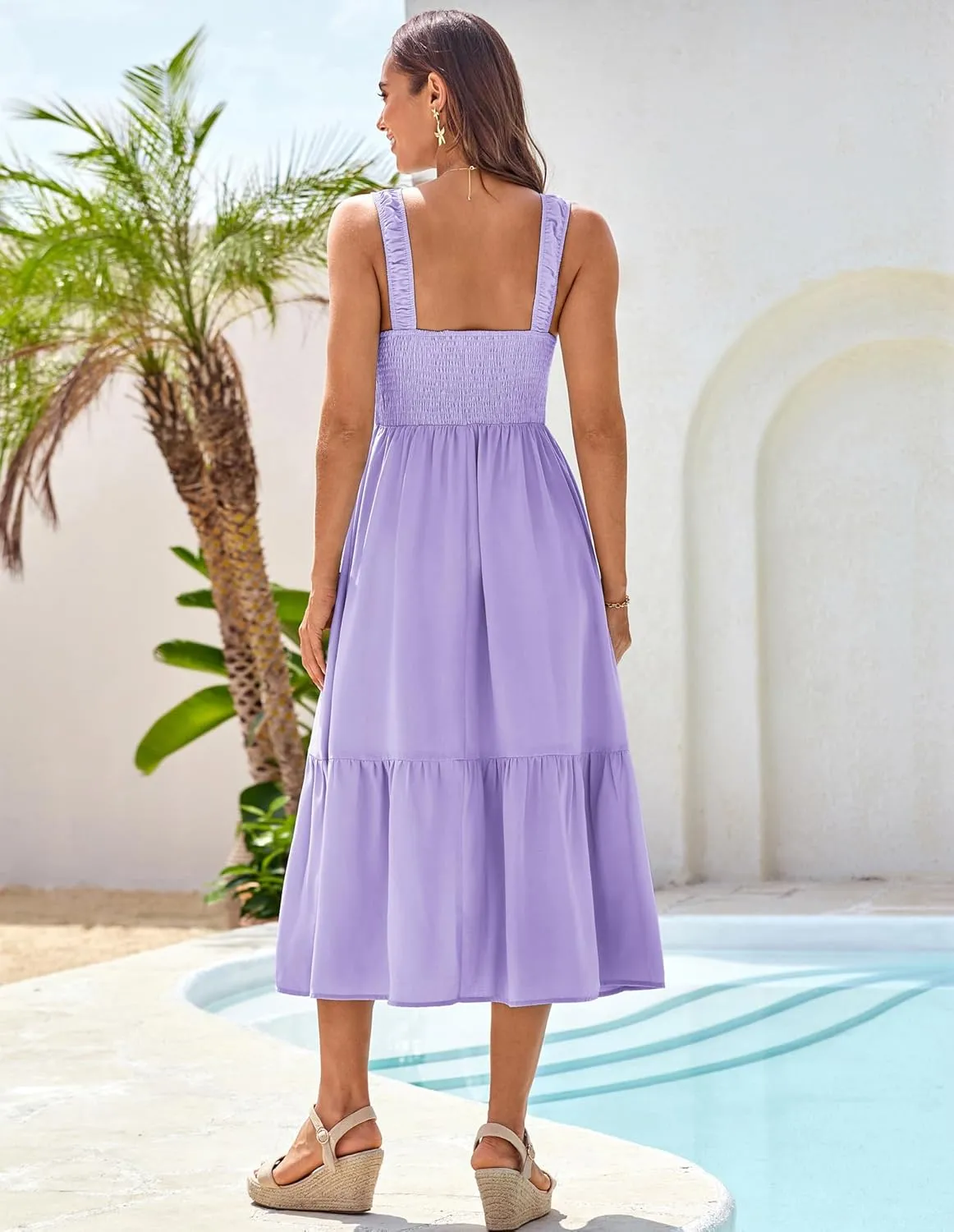 GRACE KARIN Womens Summer 2025 Midi Dress Spaghetti Strap Smocked Button Casual A Line Long Beach Flowy Sun Dresses Pockets