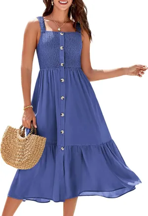 GRACE KARIN Womens Summer 2025 Midi Dress Spaghetti Strap Smocked Button Casual A Line Long Beach Flowy Sun Dresses Pockets