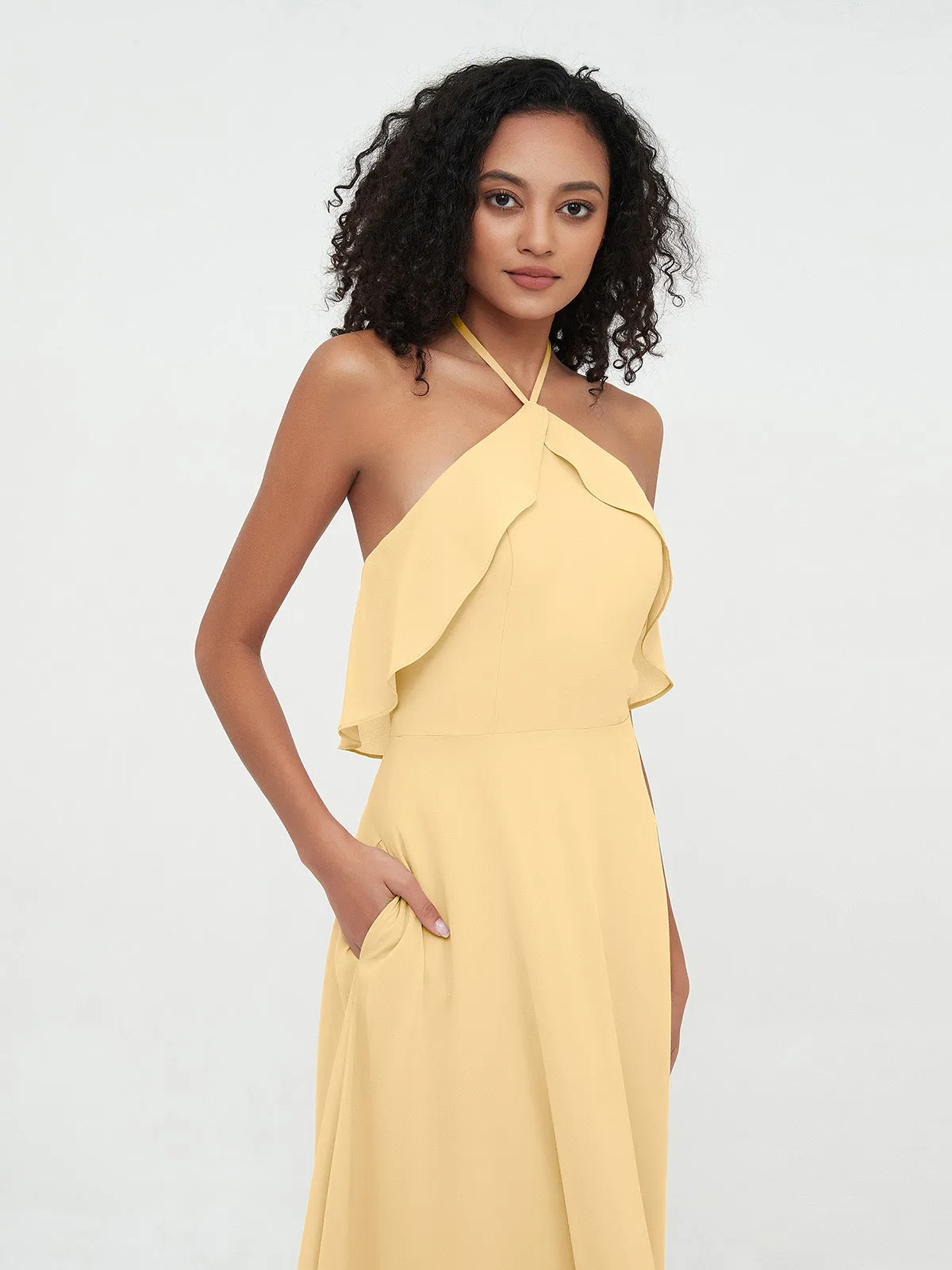 Halter Strap Chiffon Long Bridesmaid Dresses Gold Plus Size