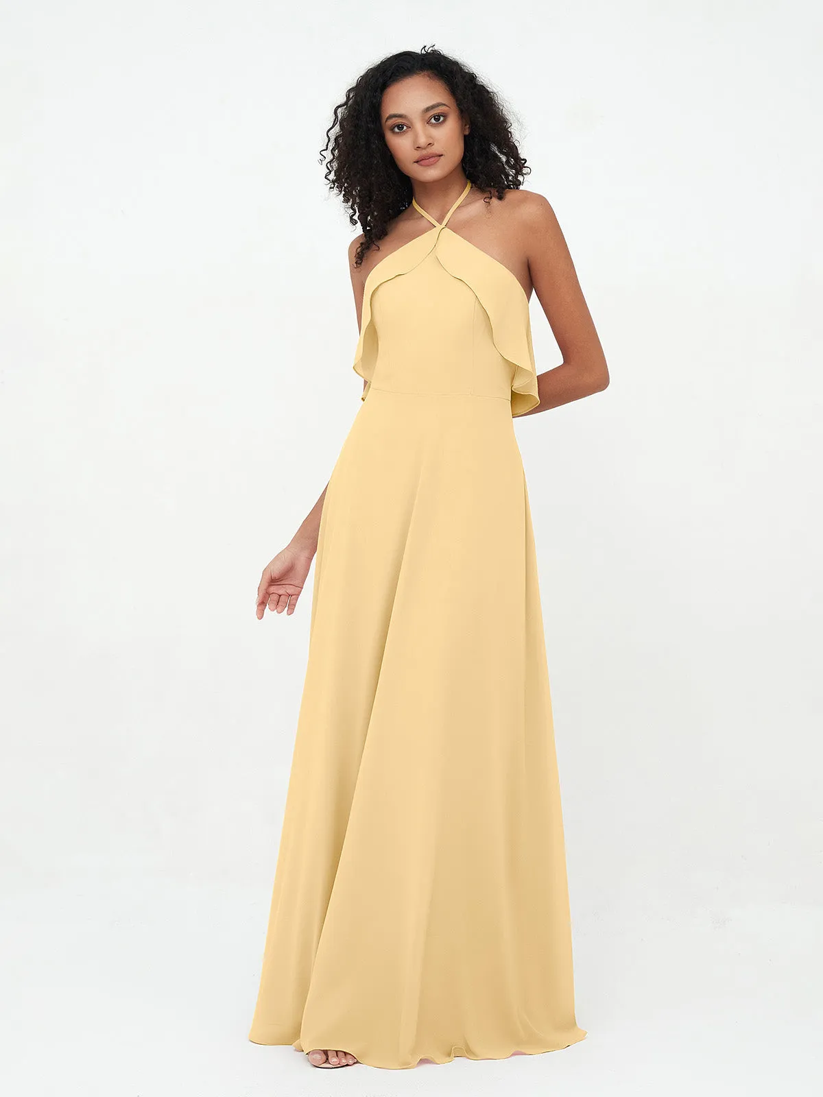 Halter Strap Chiffon Long Bridesmaid Dresses Gold Plus Size