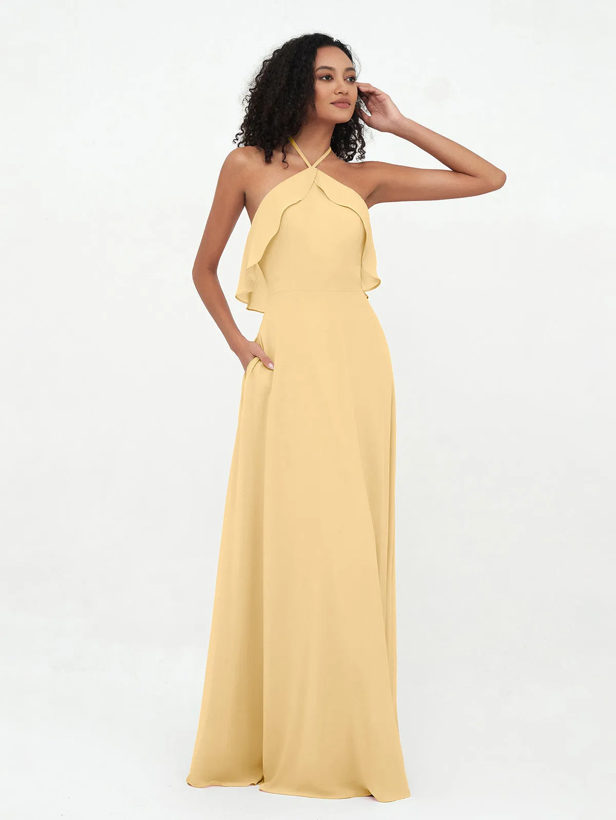 Halter Strap Chiffon Long Bridesmaid Dresses Gold Plus Size