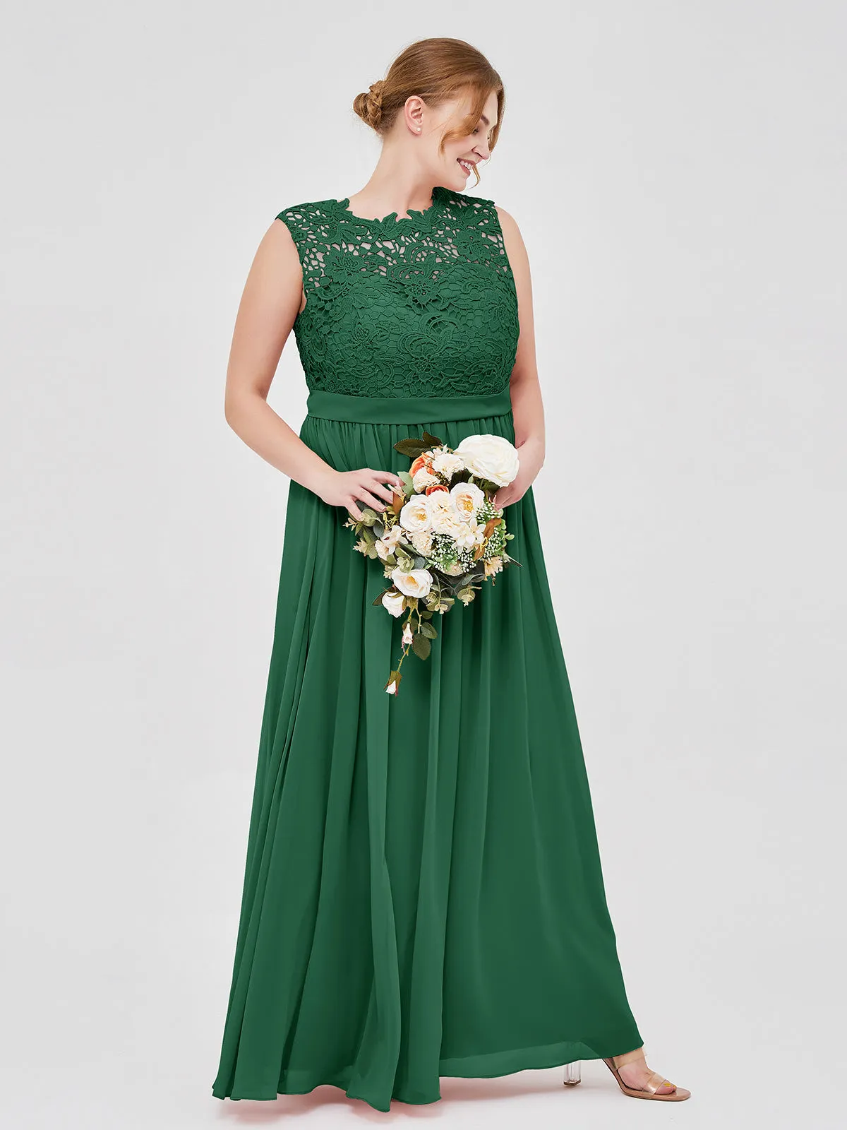Illusion Neck Chiffon and Lace Dresses Dark Green