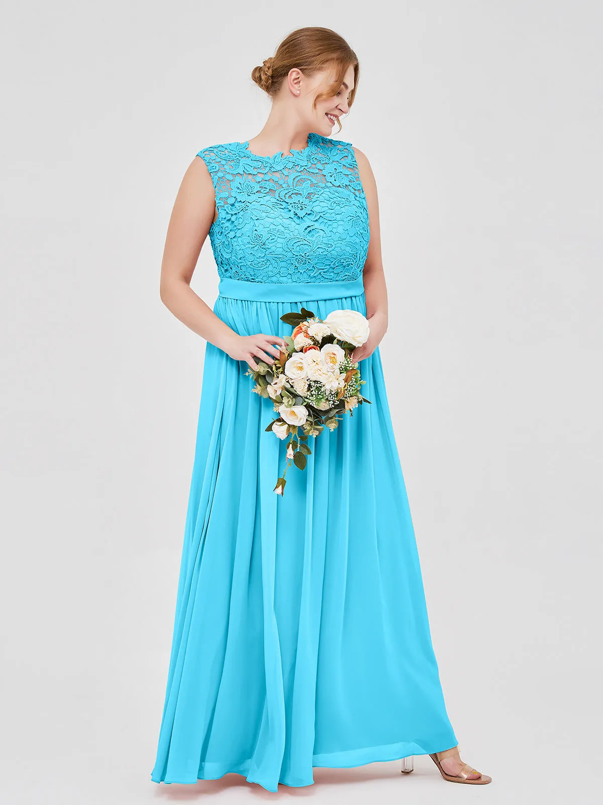 Illusion Neck Chiffon and Lace Dresses Pool