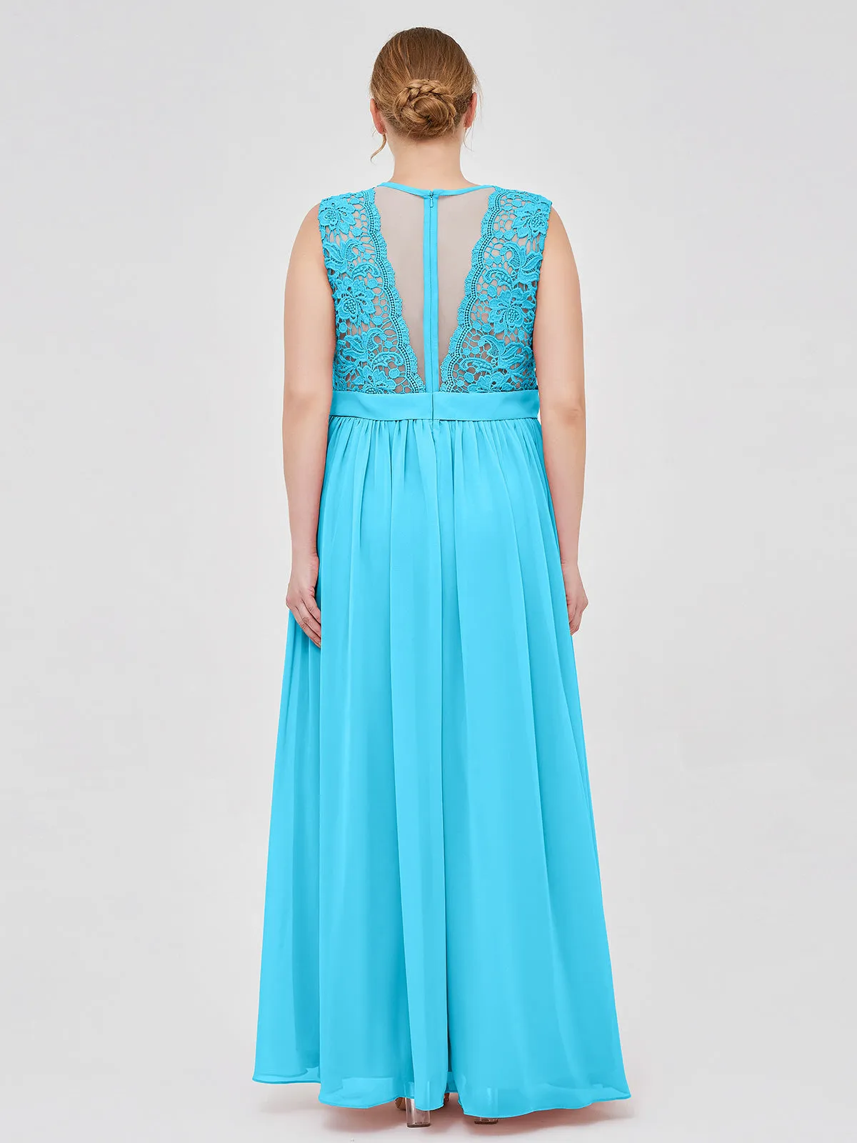 Illusion Neck Chiffon and Lace Dresses Pool