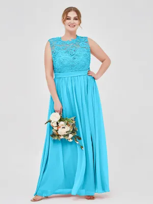 Illusion Neck Chiffon and Lace Dresses Pool