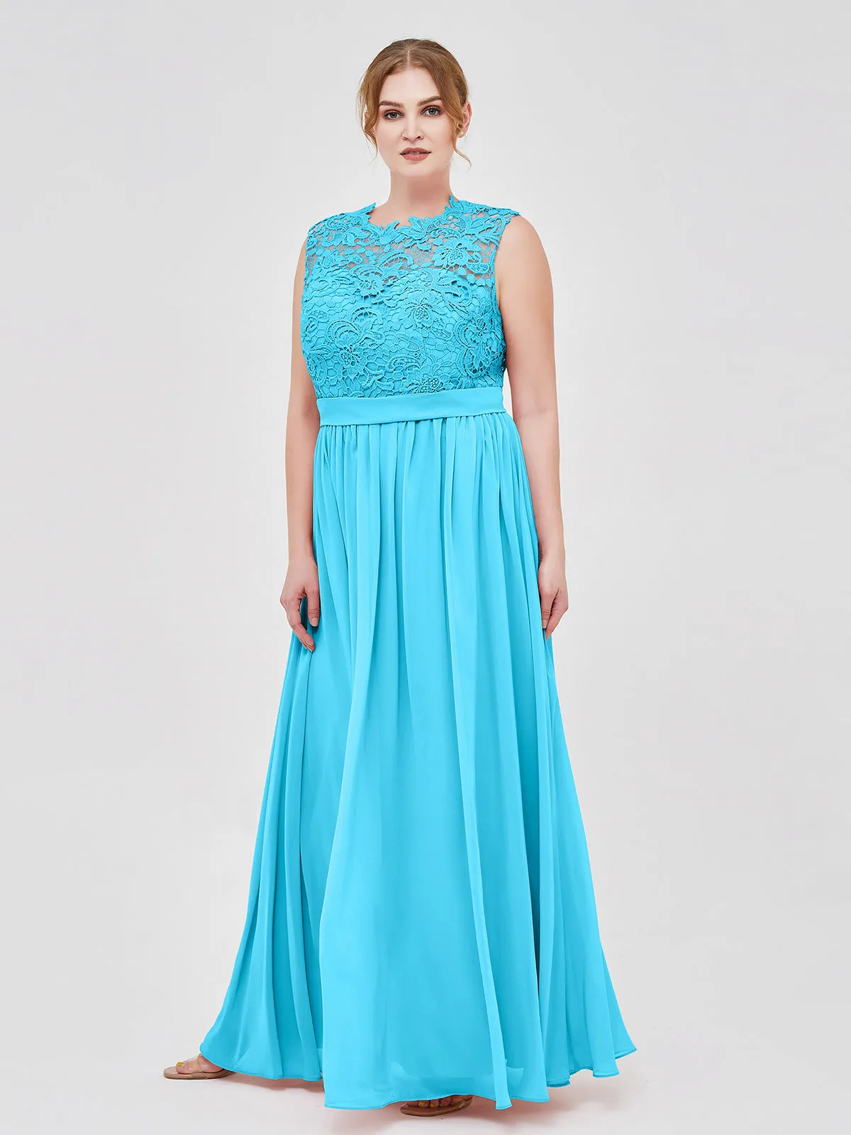 Illusion Neck Chiffon and Lace Dresses Pool