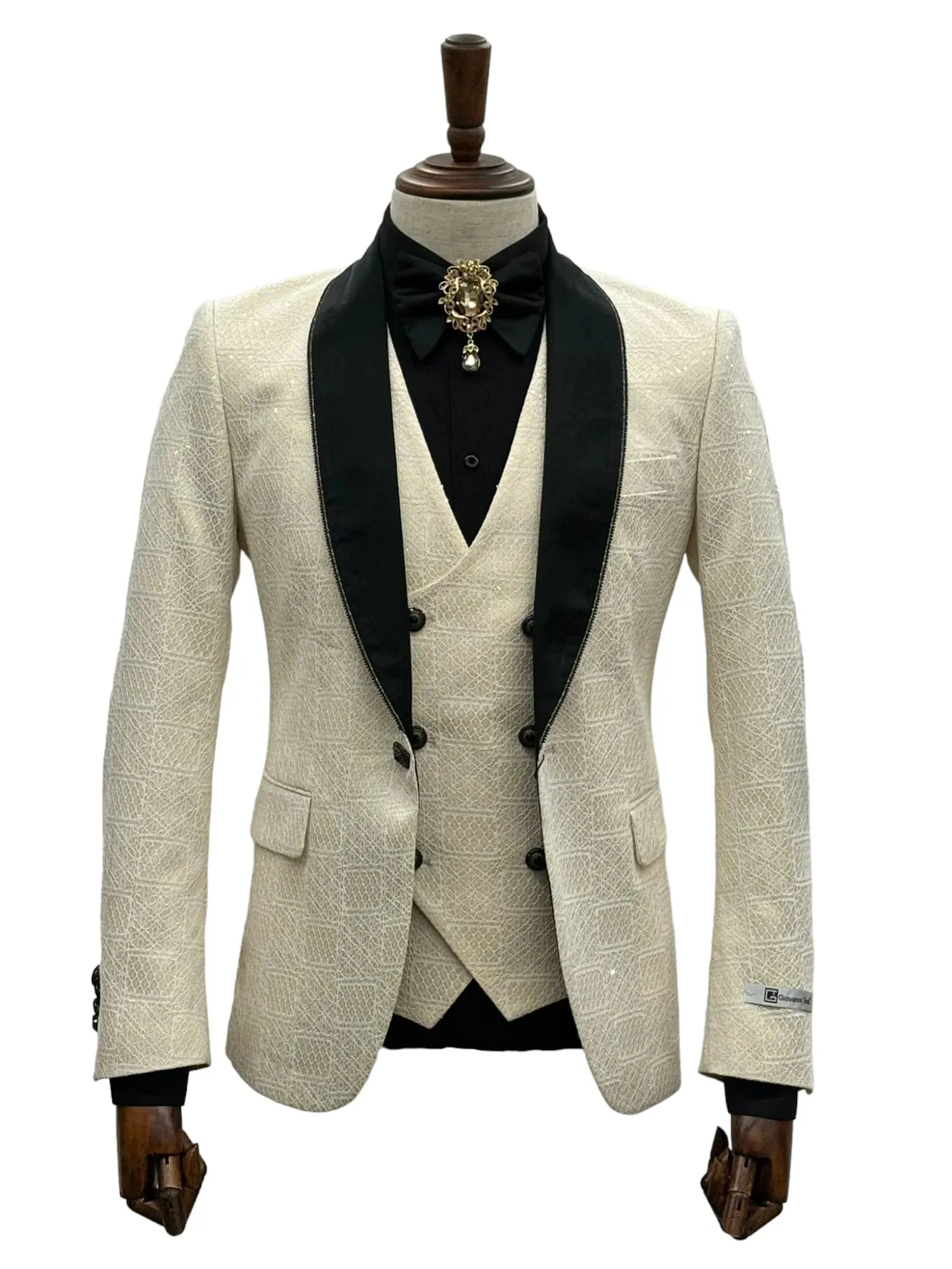 Ivory Elegance Tuxedo Jacket with Black Lapels - KCT Menswear