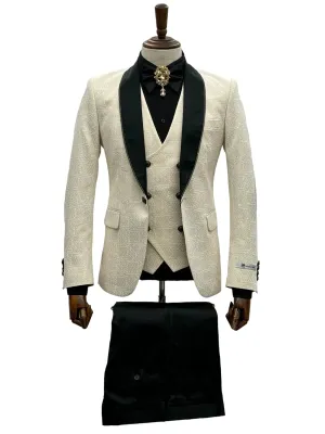 Ivory Elegance Tuxedo Jacket with Black Lapels - KCT Menswear