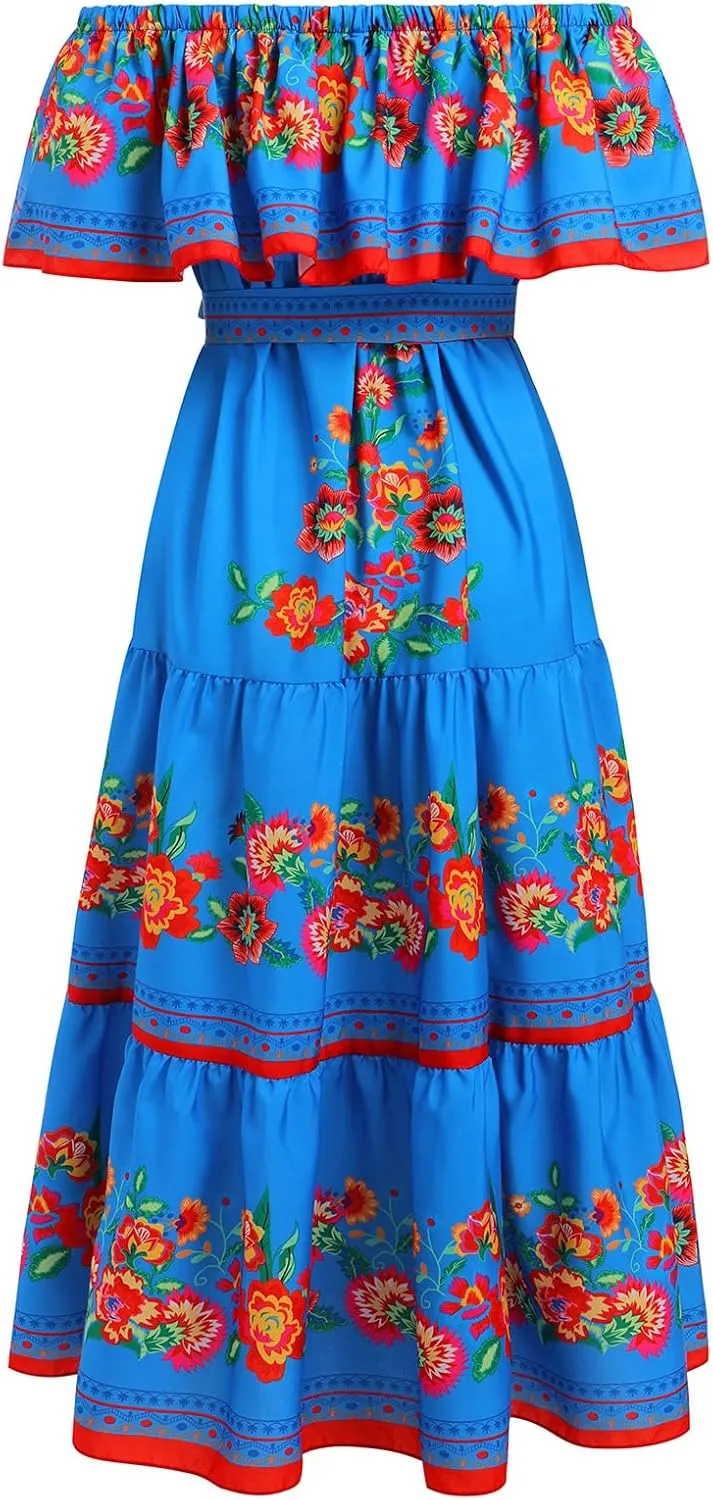 IWEMEK Women's Yellow Mexican Floral Off Shoulder Maxi Dress - Plus Size - Summer Casual - Off-Shoulder, Embroidered Floral