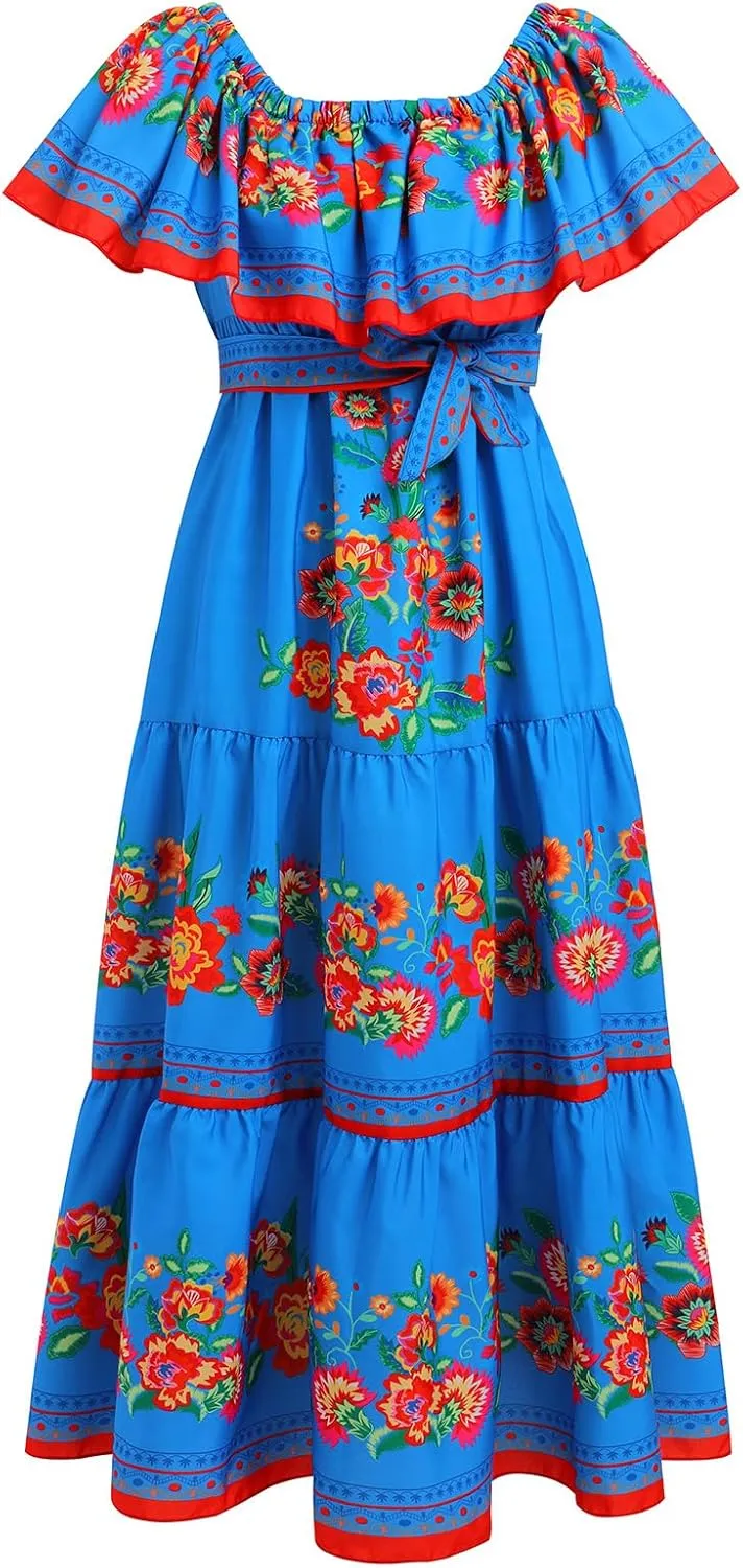 IWEMEK Women's Yellow Mexican Floral Off Shoulder Maxi Dress - Plus Size - Summer Casual - Off-Shoulder, Embroidered Floral