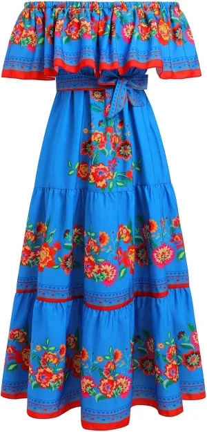 IWEMEK Women's Yellow Mexican Floral Off Shoulder Maxi Dress - Plus Size - Summer Casual - Off-Shoulder, Embroidered Floral