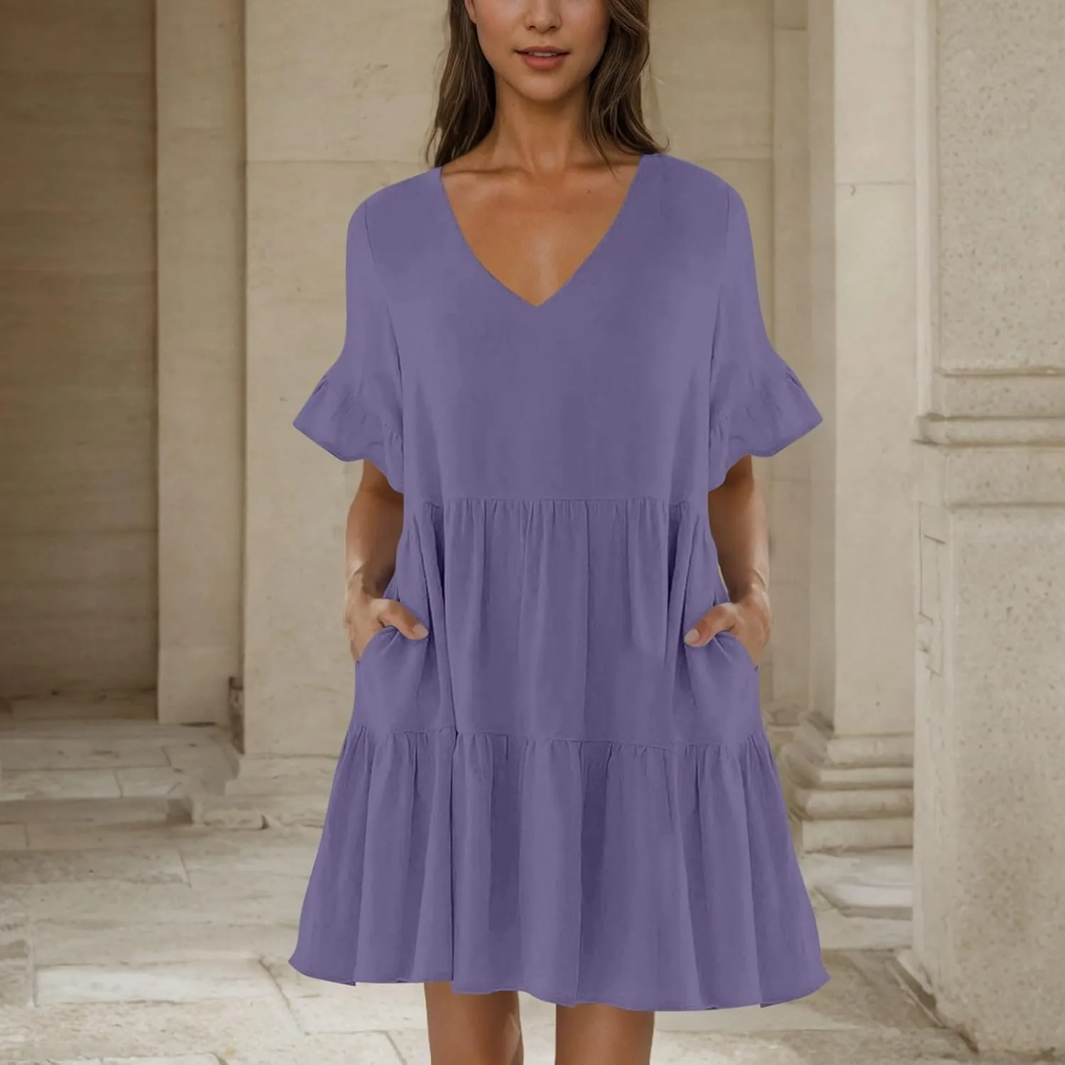 JOAU Dresses for Women Summer 2025 V Neck Short Ruffle Sleeve A Line Tiered Flowy Casual Trendy Mini Beach Dress with Pockets