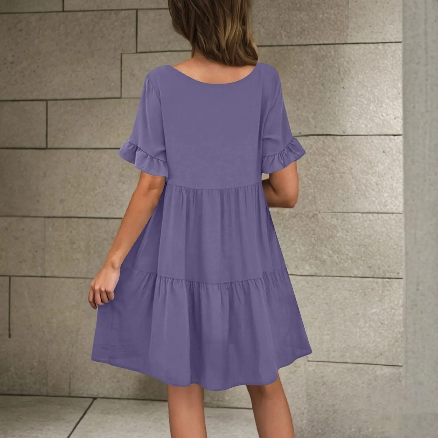 JOAU Dresses for Women Summer 2025 V Neck Short Ruffle Sleeve A Line Tiered Flowy Casual Trendy Mini Beach Dress with Pockets
