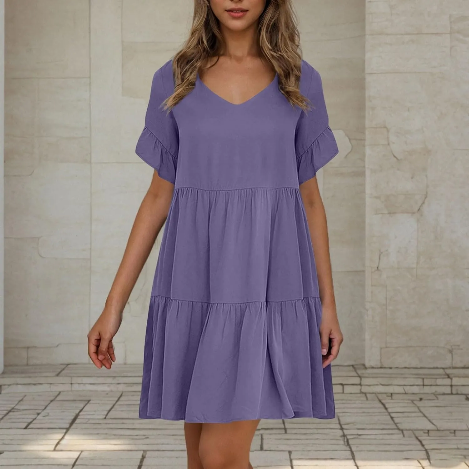 JOAU Dresses for Women Summer 2025 V Neck Short Ruffle Sleeve A Line Tiered Flowy Casual Trendy Mini Beach Dress with Pockets