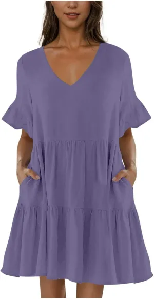 JOAU Dresses for Women Summer 2025 V Neck Short Ruffle Sleeve A Line Tiered Flowy Casual Trendy Mini Beach Dress with Pockets