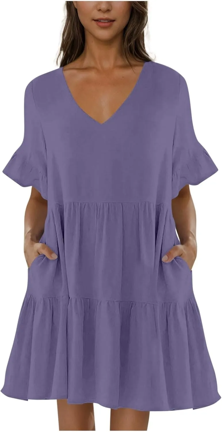 JOAU Dresses for Women Summer 2025 V Neck Short Ruffle Sleeve A Line Tiered Flowy Casual Trendy Mini Beach Dress with Pockets