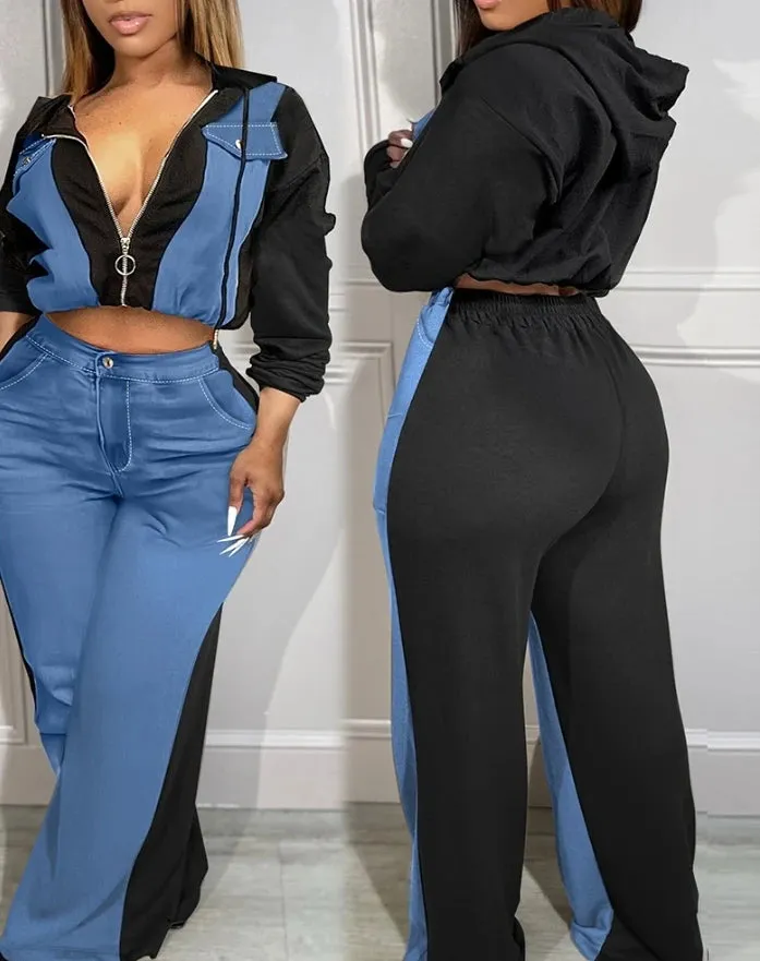 Joskaa Elegant Two Piece Set for Women Cowboy Blue Color Blocked Zip Up Hoodies High Waisted Casual Daily Sporty Straight Leg Pants Set