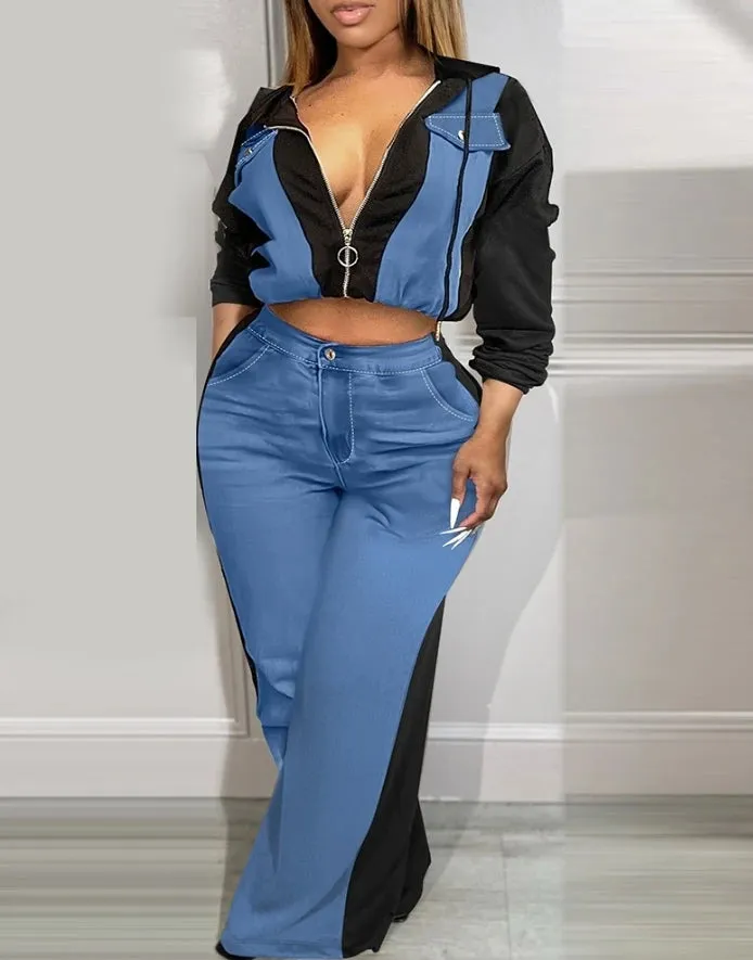 Joskaa Elegant Two Piece Set for Women Cowboy Blue Color Blocked Zip Up Hoodies High Waisted Casual Daily Sporty Straight Leg Pants Set