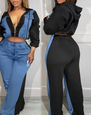Joskaa Elegant Two Piece Set for Women Cowboy Blue Color Blocked Zip Up Hoodies High Waisted Casual Daily Sporty Straight Leg Pants Set